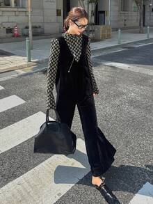 FRIFUL 女式天鹅绒宽松阔腿裤，休闲都市风格连体裤，秋季 - 黑色 - 查看 6