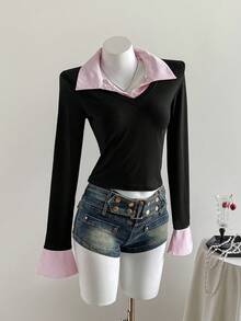 Elamini 1pc Women's Striped Splice Asymmetrical Hem Tight Long Sleeve T-Shirt, 2 In 1 Shirt Collar, Fashion Casual Street Style, Autumn/Winter Graphic Tees Women Tops For Spring - Multicolor - View 4