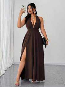 Elenzga 大码女式时尚性感露背深V高开衩连衣裙 - 棕色 - 查看 2