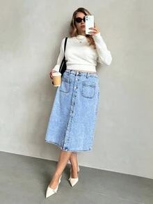 SHEIN Privé 大码女式单排扣双口袋休闲牛仔裙 - 淺色水洗藍 - 查看 6