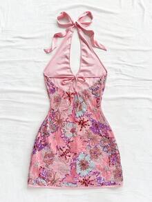 Soleia New Vacation Red Knitted Striped Halter Backless Mini Dress - Pink - View 2