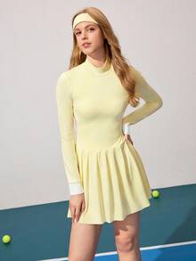 Gameset SHEIN Sport 女式立领长袖镂空后背褶边网球裙 - 黃色 - 查看 5