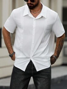 Manfinity Homme Plus Size Men's Casual Solid Color Short Sleeve Shirt, Summer - White - View 4
