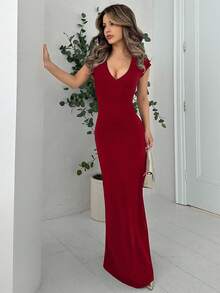 Jemour Váy Maxi Ôm Body Sang Trọng Gợi Cảm Đa Năng Cho Ngày Lễ Tình Nhân, Cổ Chữ V Sâu, Tay Áo Dolman, Thiết Kế Thắt Eo - Màu Đỏ Sâu - Xem 5