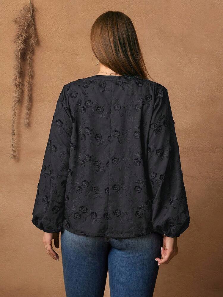 Plus Size Floral Embroidery Casual Vacation Shirt,Black Tops, Winter Clothes For Women, Christmas,Black Tops,Plus Size Winter Clothes Elegant Casual