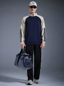 DRIFTMERE 2024 Men's New Arrivals Autumn Set-In Sleeve Striped Versatile Quarter Zip Sweatshirt, Pullover, Tracksuit Top, Winter Spring To Summer - Navy Blue - View 3