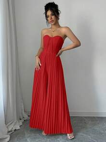 Elenzga Casual Romantic Ruched Waist Jumpsuit For Women - Red - View 4