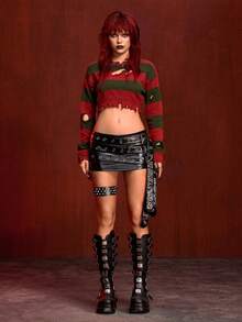 ROMWE Avant 万圣节条纹不对称做旧细节短款女式毛衣 - 彩色 - 查看 4