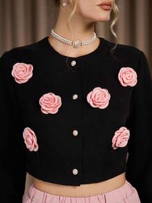 2pcs Women's Set: Black Jacket Paired With Pink Pleated Skirt, Adorned With 3D Pink Floral Decor, Elegant & Romantic Daily Wear