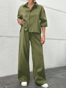 EURMUSE 女性兩件套襯衫和褲子套裝 - 軍綠色 - 查看 3