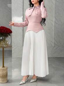 Feyla Women's Tie Collar Long Sleeve Contrast Color Pleated Hem Elegant Dress