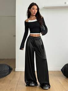 Coolane 女式秋季街头风复古 Y2K 派对黑色亮面面料阔腿裤 - 棕色 - 查看 5