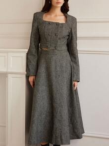 Aveloria Rosie Solid Color Commuter Chic Boxy Collar Cropped Top & Flared Midi Skirt 2 Pieces Set - Multicolor - View 1