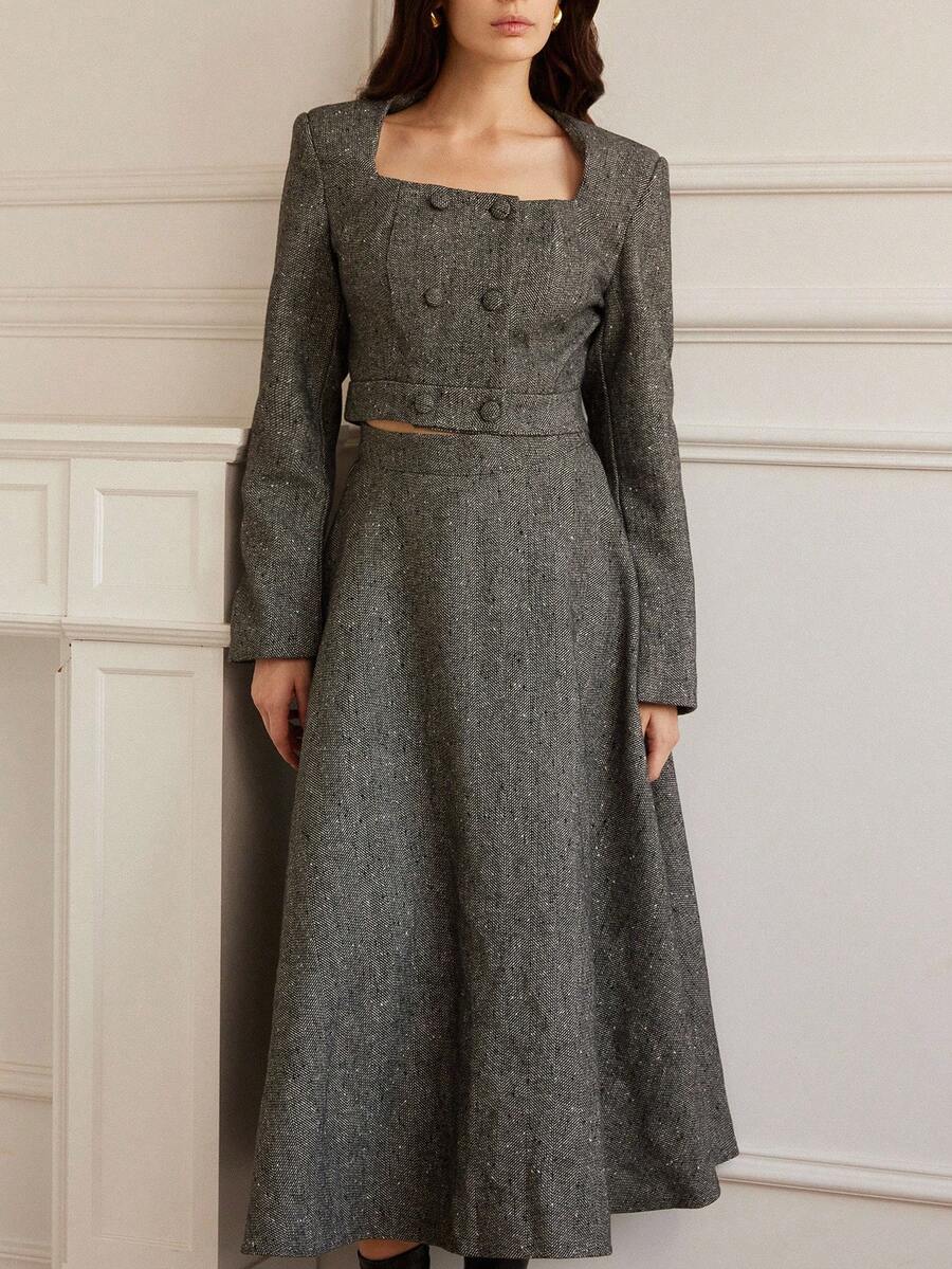 Aveloria Rosie Solid Color Commuter Chic Boxy Collar Cropped Top & Flared Midi Skirt 2 Pieces Set - Multicolor - View 1