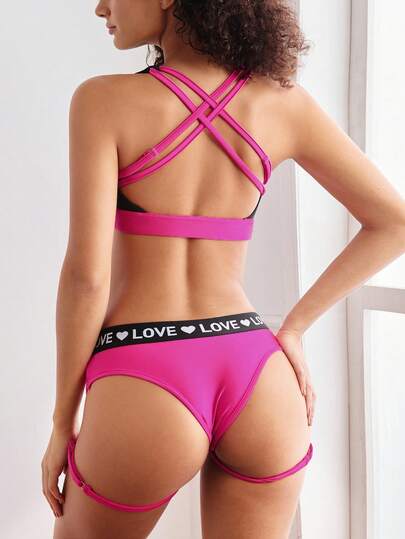 2 件套女士运动文胸和内裤套装，字母胶带撞色拼接，交叉后背，镂空，支撑，高腰舒适内衣