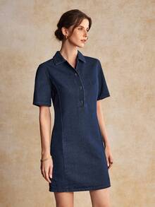 House of One Dark Washed Denim Collared Button-Up Short Sleeves Mini Dress Women Casual Spring Autumn