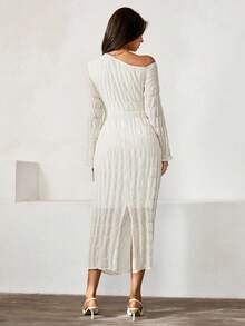 Rafferiza Women's Elegant Off-White Oblique Shoulder Long Sleeve Pleated Texture Dress,Autumn Brunch Outfit,Chic Professional Commuter Office Attire - Apricot - View 2