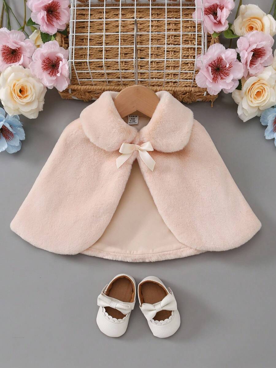 SHEIN Elladie kids 女婴秋冬新款白色蓬松保暖内衬休闲优雅外套斗篷 - 米色 - 查看 1