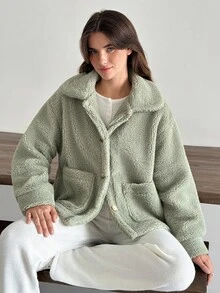 EURMUSE 休闲纯色人造毛皮夹克，适合秋冬穿着 - 綠色 - 查看 5