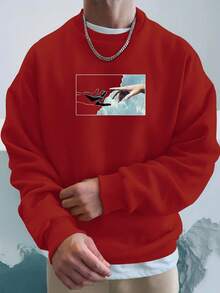 SHEIN Cottnline 100%Cotton Men's Round Neck Sweatshirt With Hand Print Outline Design - Red - View 7