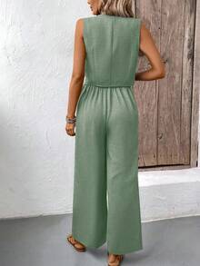 EMERY ROSE Bộ áo ba lỗ và quần dài trơn màu cho kỳ nghỉ - Màu xanh Ô liu - Xem 2