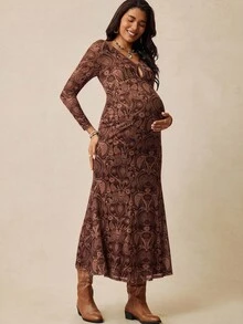 Boho Mama 孕妇休闲西部牛仔印花V领连衣裙 - 卡其色 - 查看 3