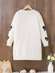 SHEIN Vestido suéter feminino 1 peça, estilo fofo, estampa jacquard com laço preto, gola redonda, manga regular, punho e bainha franzidos, espessura regular, vestido de malha elegante na cor marfim, caimento elegante e elegante, adequado para primavera, outono e inverno