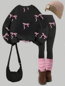 SHEIN Sparklyn 1 套女孩返校时尚圆点蝴蝶结印花圆领运动衫和黑色紧身裤套装，秋季服装 - 白色 - 查看 2