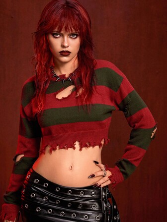 ROMWE Avant Pull court asymétrique rayé avec détails déchirés pour femmes, style Halloween