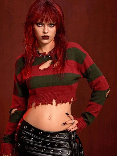 ROMWE Avant 万圣节条纹不对称做旧细节短款女式毛衣