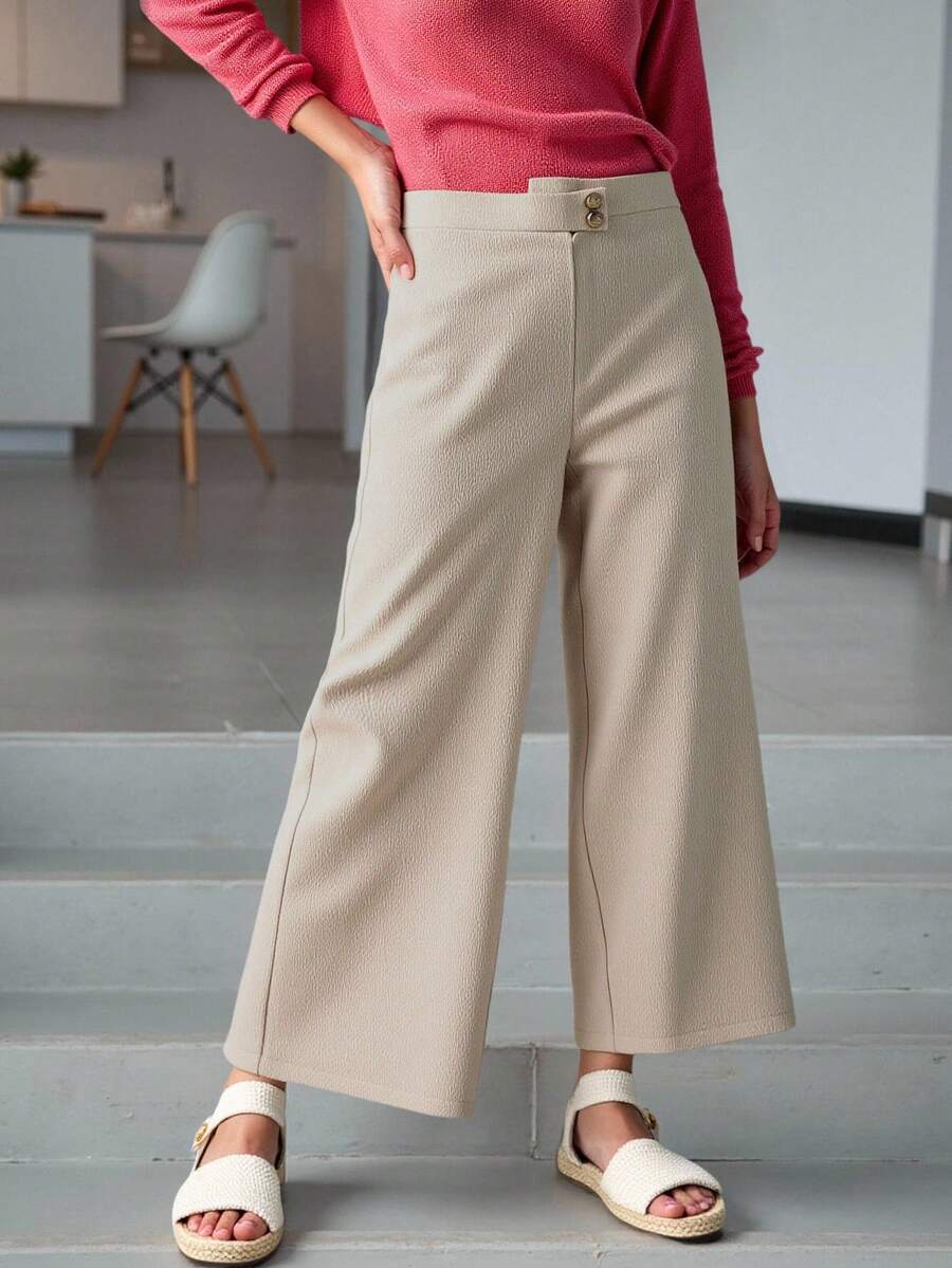 Tween Girl Button Detail Wide Leg Trousers - Khaki - View 1