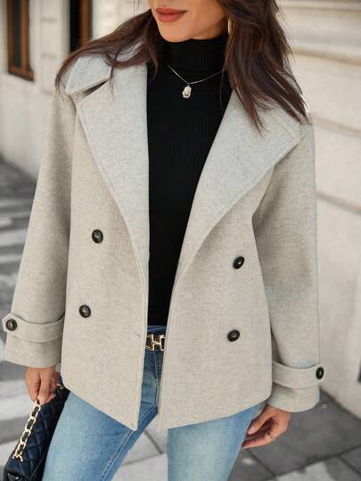 Lunelith SHEIN Lunessa Abrigo casual de lana para mujer de doble botonadura con cuello de solapa