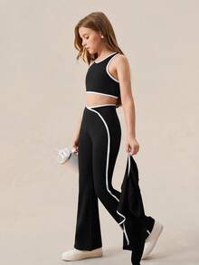 SHEIN Zestaw dla nastolatek, 3 części: sportowa kurtka z kontrastowymi paskami, top i spodnie dzwony, odpowiedni do biegania, jazdy na rowerze, fitnessu, koszykówki, piłki nożnej, tenisa i badmintona