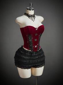 SHEIN ICON Top sexy gotic din dantelă pentru femei, potrivit pentru petrecerea de Halloween, inspirat de vampiri, culoare roșu și negru, corset burlesc gotic roșu și negru - Negru - Vizualizare 1