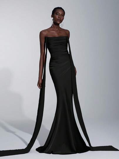 SHEIN Belle Elegant, Romantic, Green, Woven Matte, Ribbon Decor, Strapless, Fitted, Mermaid Bridesmaid Dress