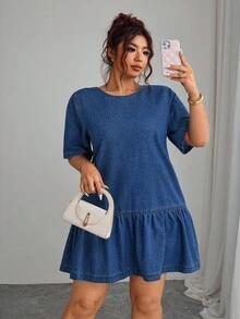 Elenzga Plus Size Women's Solid Color Round Neck Raglan Short Sleeve Ruffle Hem Versatile Sexy Dress - Blue - View 4