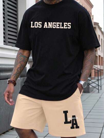 Manfinity Homme Conjunto de top de punto ajustado con estampado de la letra Los Ángeles de color contrastante y shorts de tejido, estilo callejero casual joven. Adecuado para citas, reuniones, atuendos, combinación de pareja/familia. Gran regalo para el novio.