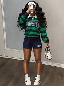 Slaydiva 2025秋冬新款学生装日常休闲基础百搭学院风蓝绿条纹衬衫领口号卫衣长袖上衣搭配字母logo裤女休闲两件套A - 彩色 - 查看 1