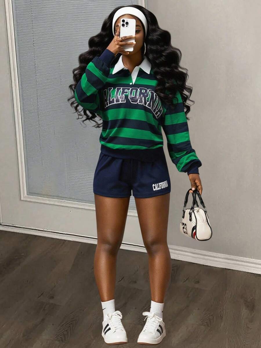 Slaydiva 2025秋冬新款学生装日常休闲基础百搭学院风蓝绿条纹衬衫领口号卫衣长袖上衣搭配字母logo裤女休闲两件套A - 彩色 - 查看 1