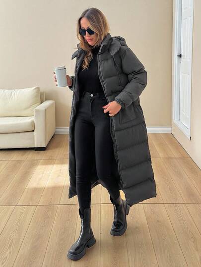 EURMUSE HOOD CHEST POCKET ZIP UP LONG SLEEVE PUFFER WINTERCOAT Long Winter Coat For Women Long Puffer Coat Womens Winter Coat Long Puffer Jacket Maxi Puffer Coat