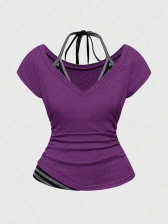 Grunge Punk Sexy T-shirt da donna Y2K 2 in 1 con scollo a V, a righe, con colori a contrasto, con fiocco alla nuca, colore viola