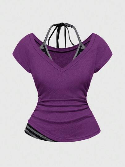 Grunge Punk Sexy T-shirt femme 2 en 1 à col en V, rayures et nœud papillon, couleurs contrastées, violet