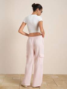INAWLY Calça feminina lisa com cintura elástica e bolso cargo, reta e solta, casual - Damasco - Ver 2