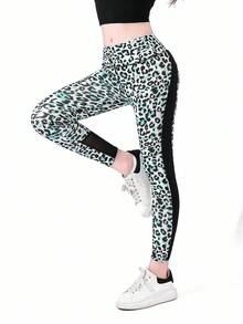 SHEIN 女士豹纹网眼拼布紧身裤，适合日常健身和运动 - 綠色 - 查看 3