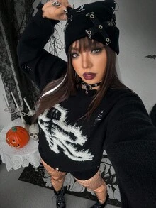 Whyspr Sweater Wanita Gaya Grunge Punk dengan Motif Tengkorak Punk Rock Bordir, Ukuran Plus, Cocok untuk Halloween, Musim Gugur/Dingin - Hitam dan Putih - View 6