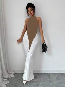 Elenzga Women's Black & White Color Block Halter Neck Cinched Waist Fishtail Hem Elegant Dress, Suitable For Commuting And Daily Wear - Mocha Brown - View 5