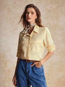 House of One Collared Button-Up Long Sleeves Blouse Top With Pockets Women Casual Autumn