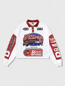 ROMWE MEN Street Life Camicia polo casual a maniche lunghe con stampa slogan, vestibilità ampia, adatta per l'autunno