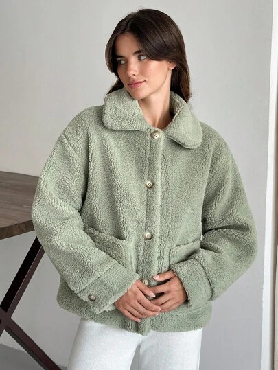 EURMUSE Casual Solid Color Faux Fur Jacket, Versatile For Autumn/Winter Green Jacket Shackets For Women Oversized Jacket Cover Up Jacket Green Cardigan Women