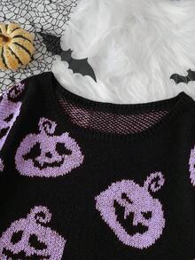 Lunelith SHEIN Lunessa Funny Ghost & Pumpkin Jacquard Knit Crew Neck Casual Pullover Sweater For Halloween